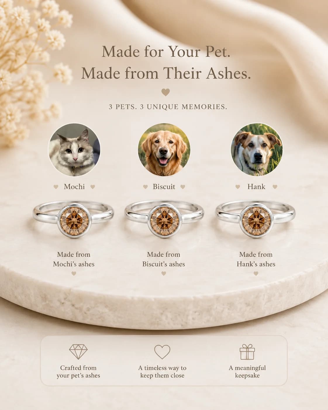 Memorial diamond rings made from the ashes of three different beloved pets