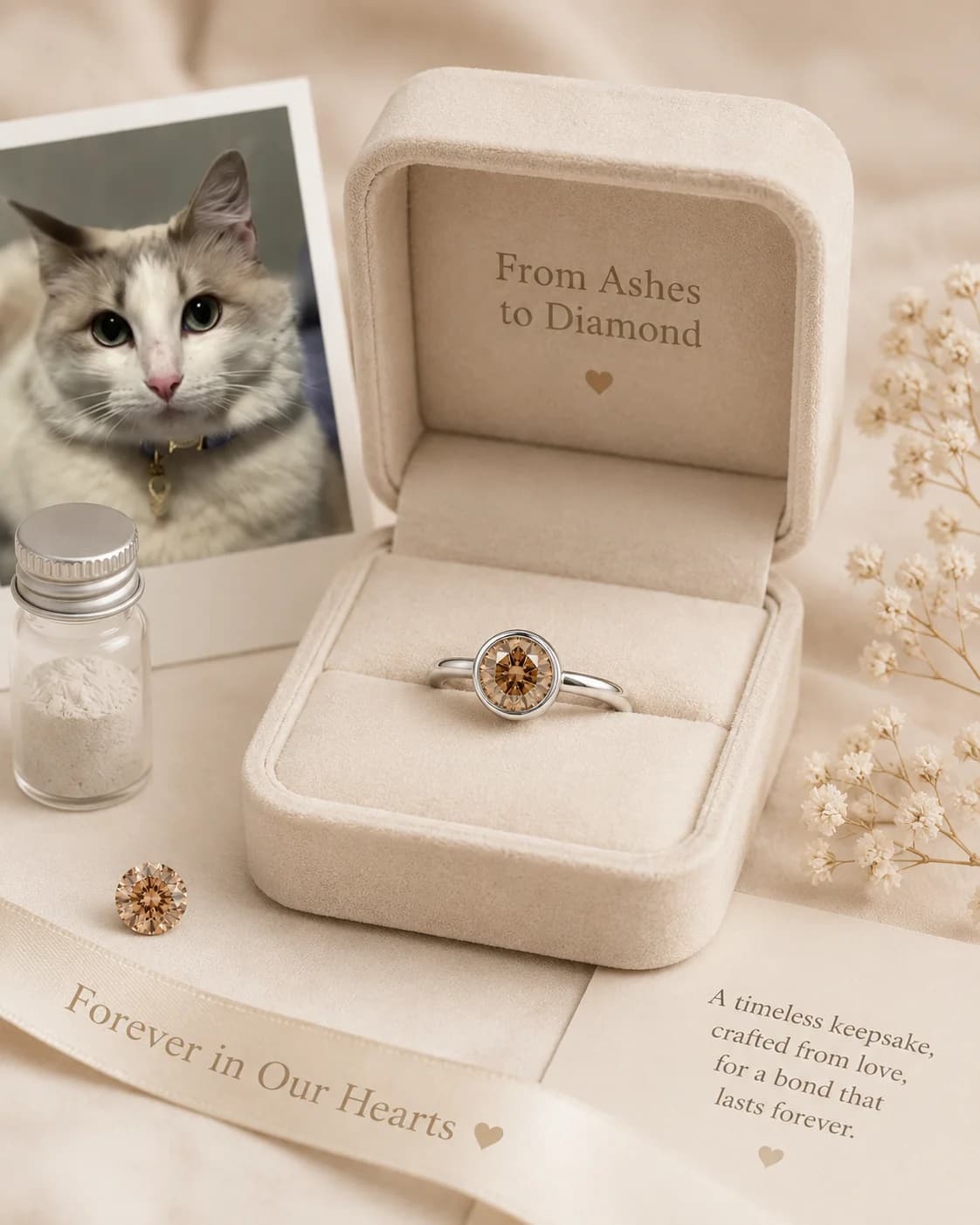 A finished memorial diamond ring resting in its keepsake box, beside a photo and ashes